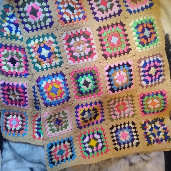 Vintage Handmade Crochet Granny Square Blanket Rainbow Colorful Art - Picture 3 of 6